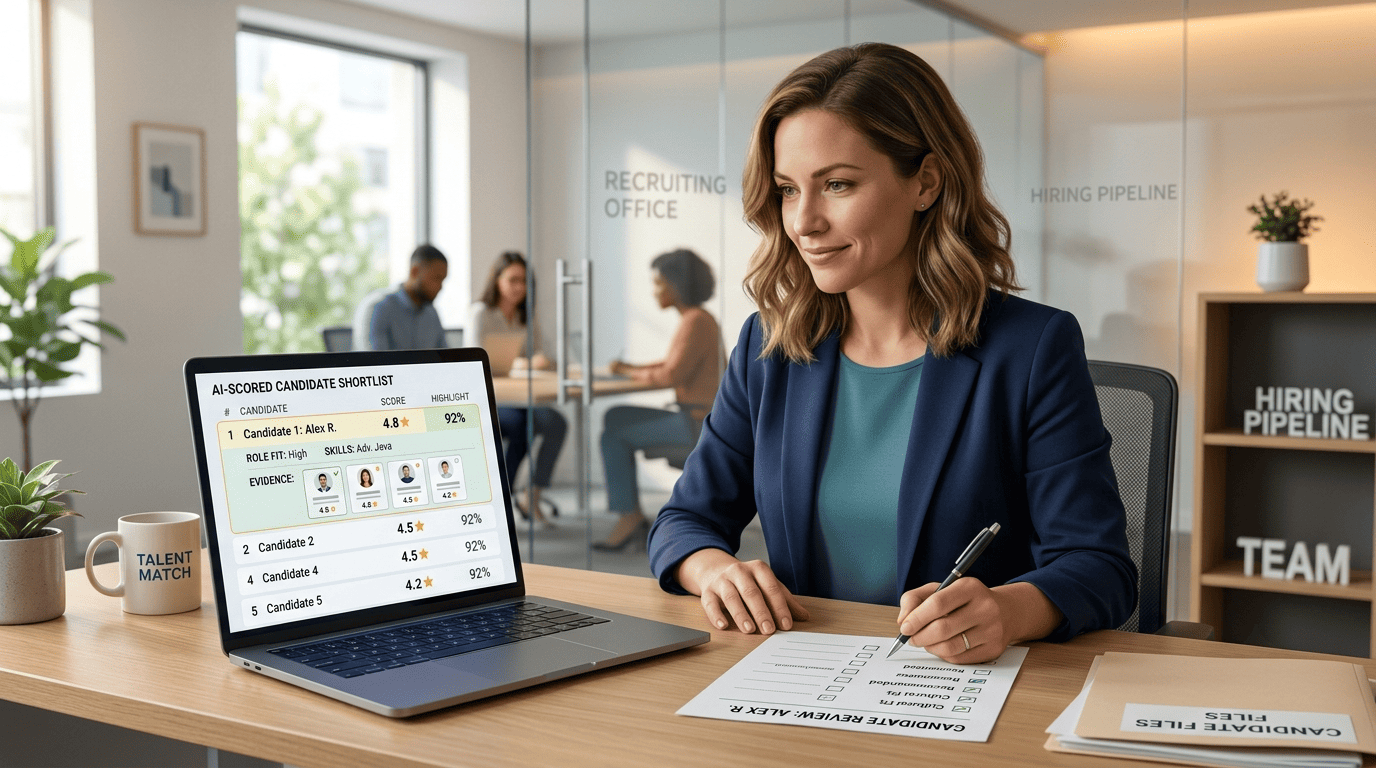A recruiter reviewing an AI-scored candidate shortlist on a laptop while making the final call