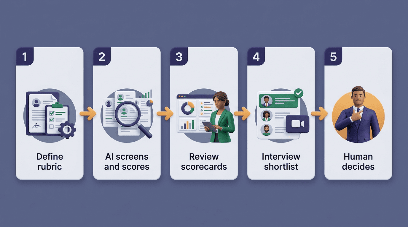 Five-step AI recruiter evaluation loop from defining the rubric to a human deciding