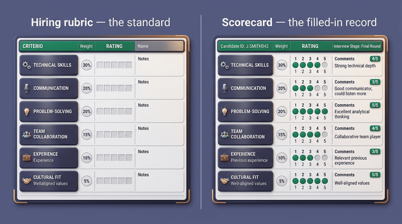 Side-by-side comparison of a blank hiring rubric and a filled-in candidate scorecard