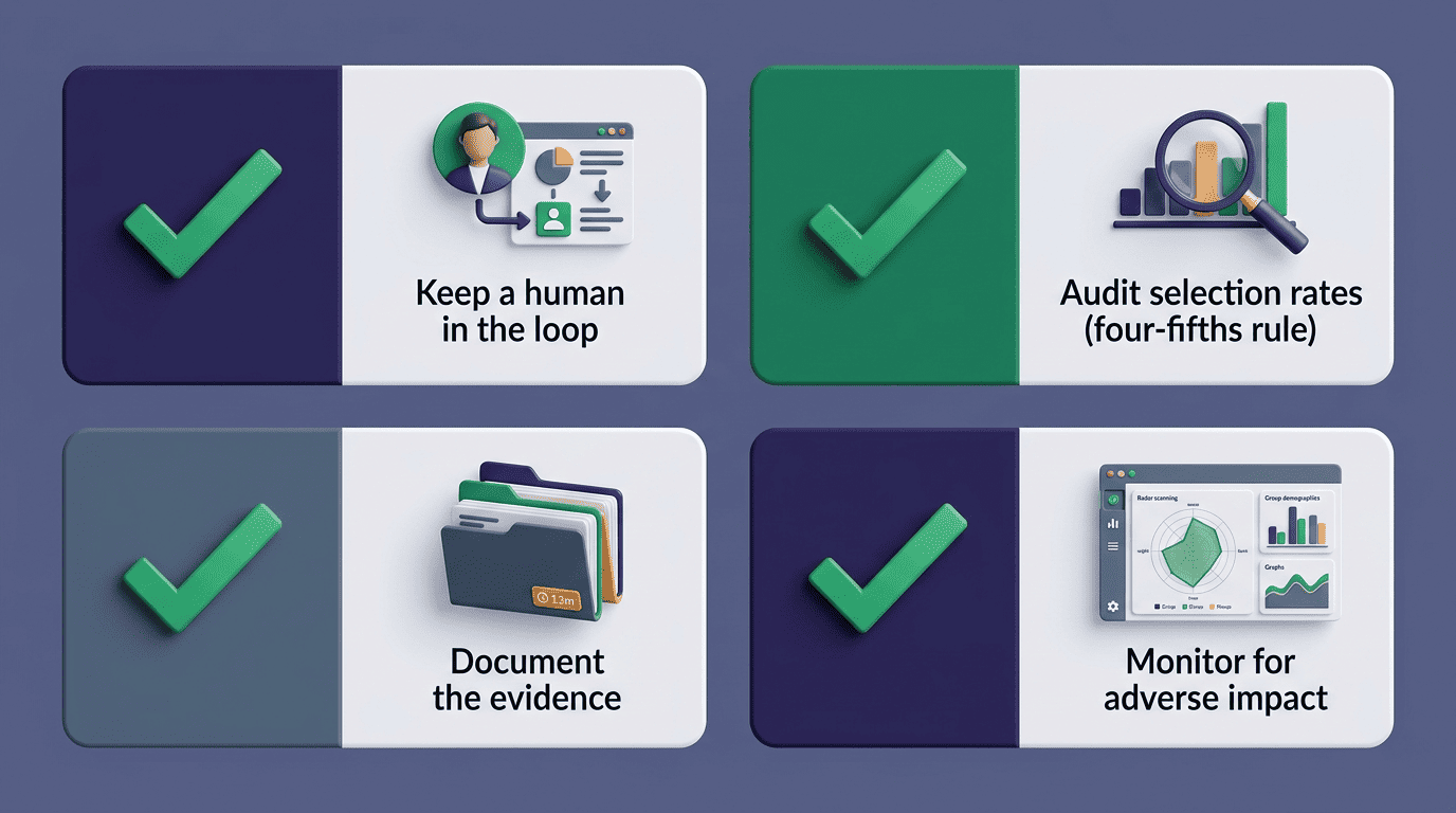 EEOC compliance checklist for AI candidate evaluation: human in the loop, audit selection rates, document evidence, monitor adverse impact