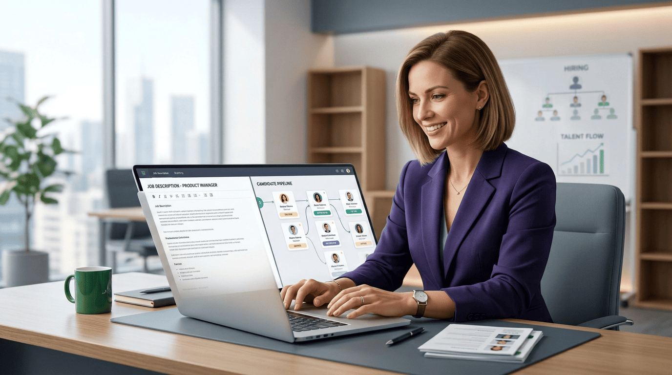 A recruiter drafting a job description in an AI recruiter editor next to a live candidate pipeline