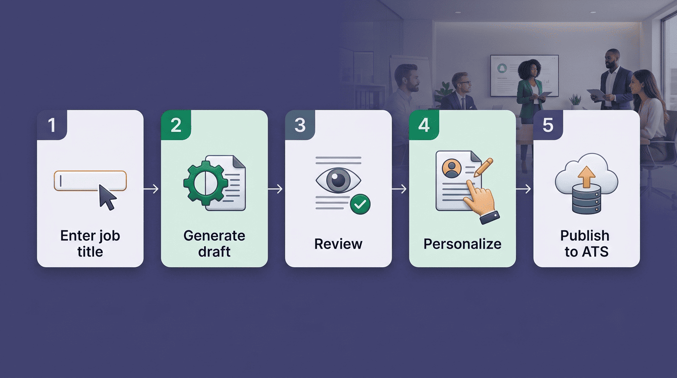 Five-step workflow: enter job title, generate draft, review, personalize, publish to ATS