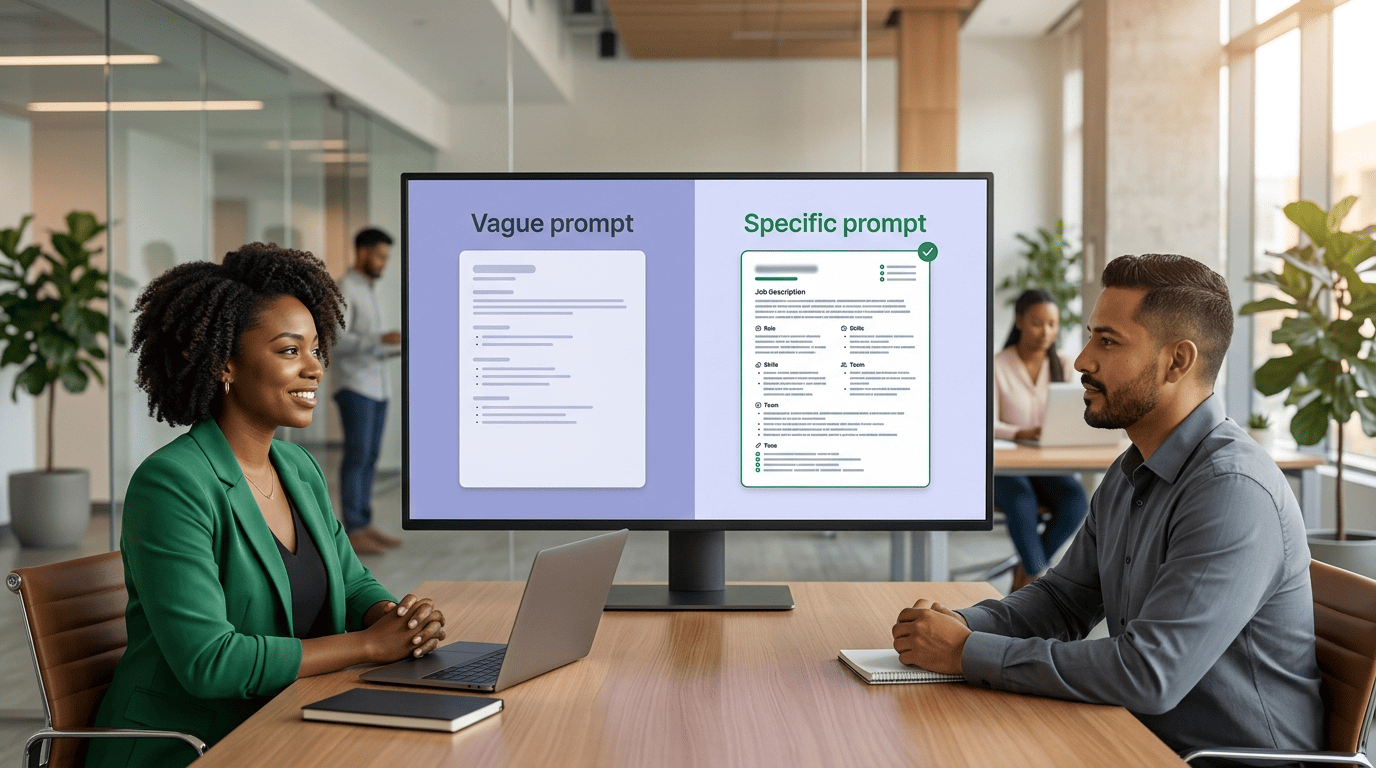 Split-screen comparison of a vague prompt versus a specific prompt and the job descriptions they produce