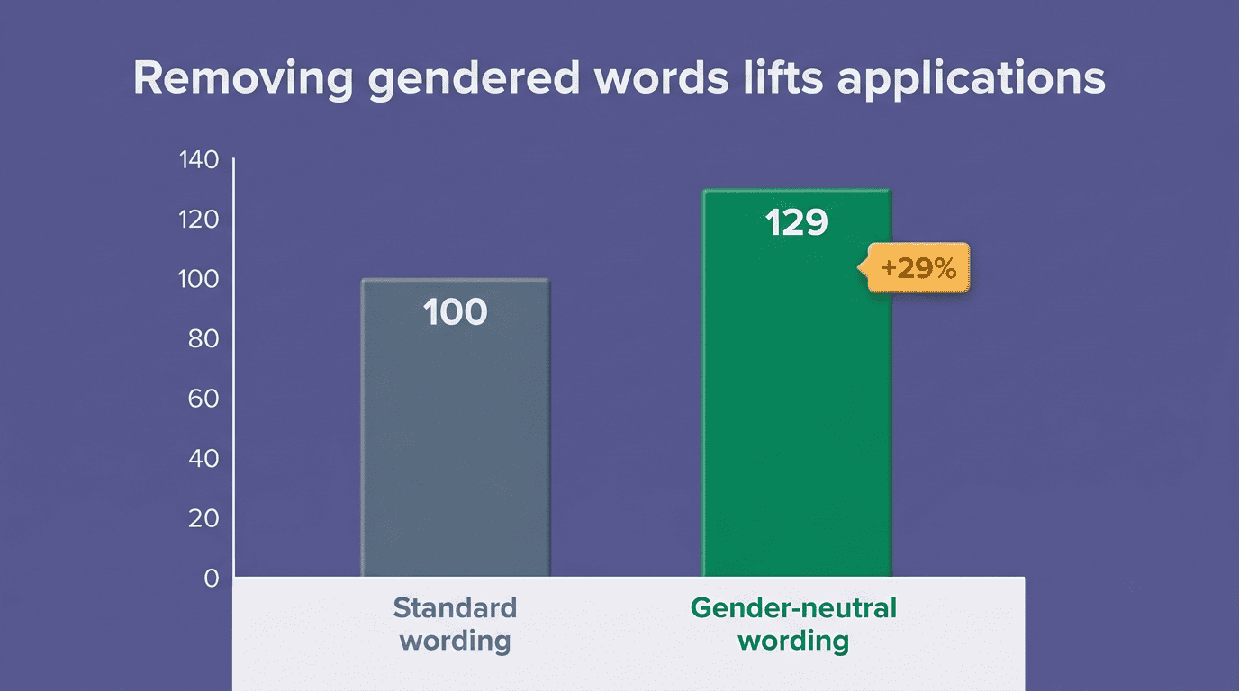 Bar chart showing standard wording at 100 applications versus gender-neutral wording at 129, a 29% increase