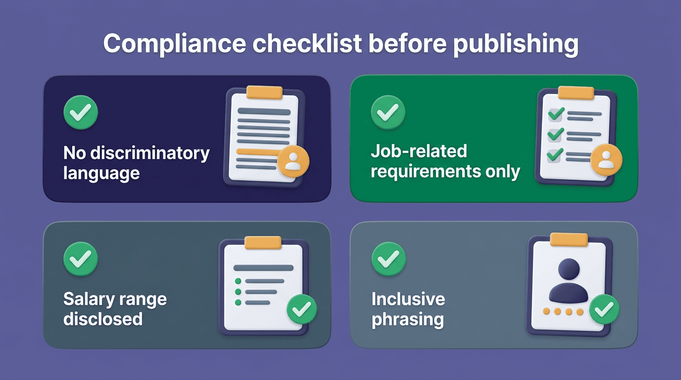 Four-card compliance checklist: no discriminatory language, job-related requirements only, salary range disclosed, inclusive phrasing