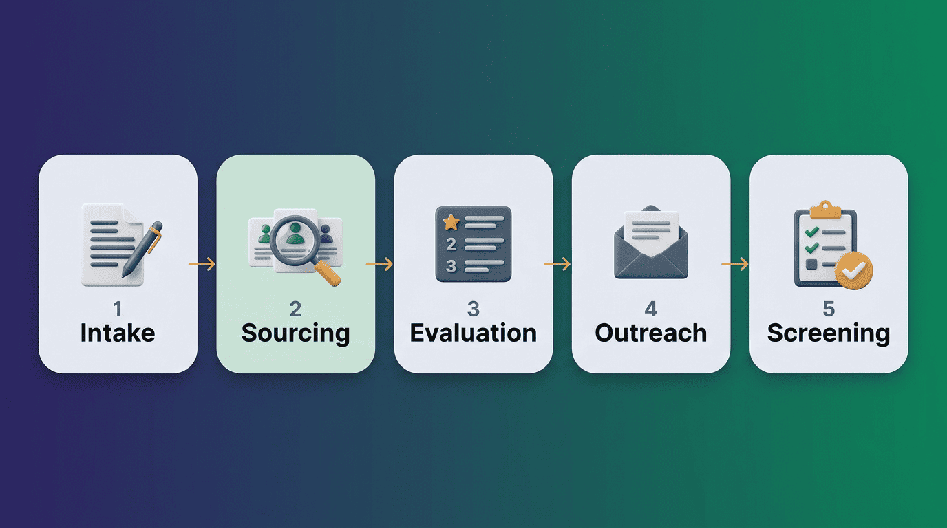 Five-stage AI recruiter workflow on LinkedIn: intake, sourcing, evaluation, outreach, and screening