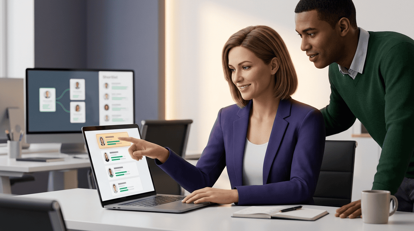 Recruiter reviewing an AI-ranked candidate shortlist with skill-match evidence before booking phone screens