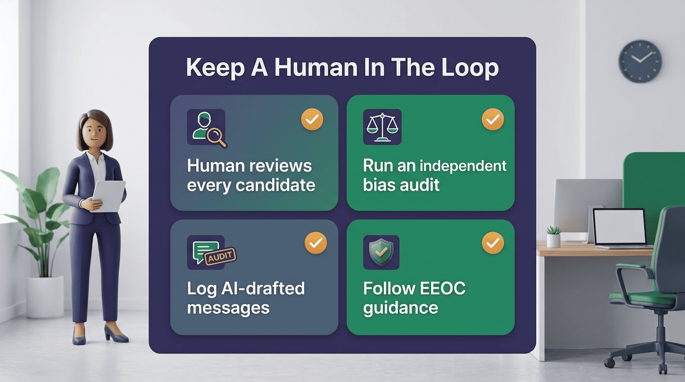 Checklist for keeping a human in the loop: review every candidate, run a bias audit, log AI-drafted messages, and follow EEOC guidance
