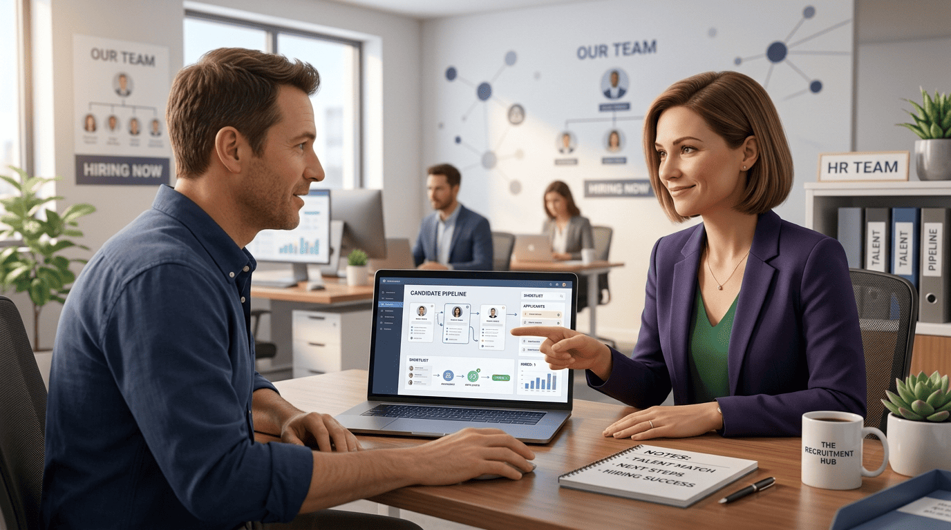 A recruiting assistant showing a small-business owner an AI candidate pipeline and shortlist on a laptop