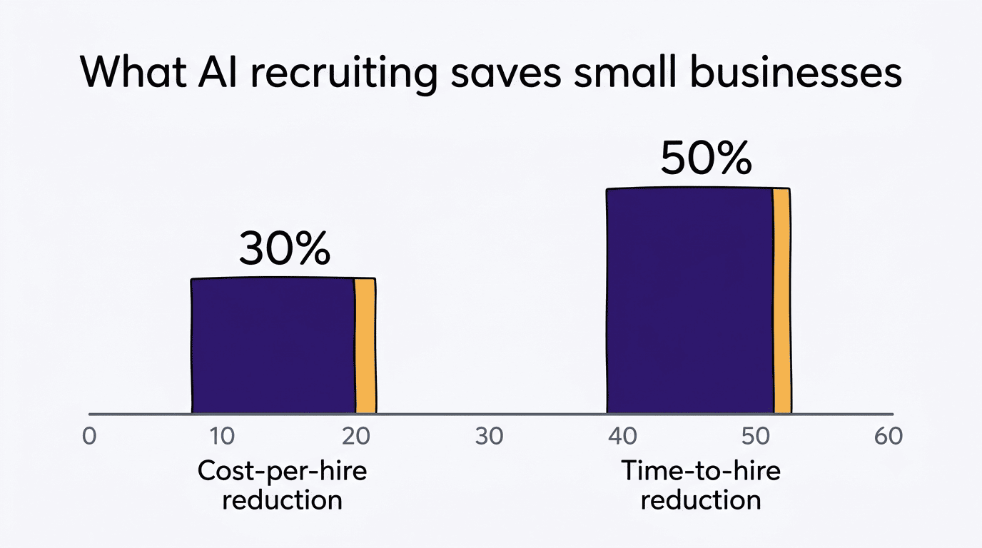 Bar chart showing AI recruiting cuts cost-per-hire by 30% and time-to-hire by 50%
