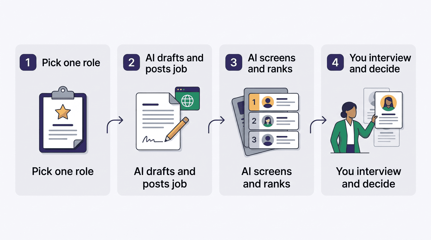 Four-step AI hiring workflow: pick one role, AI drafts and posts the job, AI screens and ranks, you interview and decide