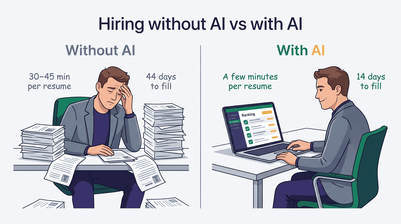Side-by-side comparison of hiring without AI versus with AI, showing faster resume review and time to fill