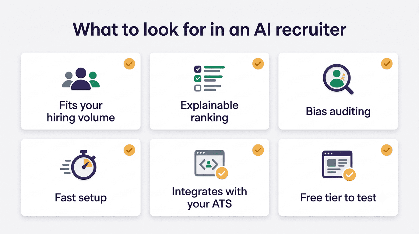 Checklist of what to look for in an AI recruiter: fits hiring volume, explainable ranking, bias auditing, fast setup, ATS integration, free tier