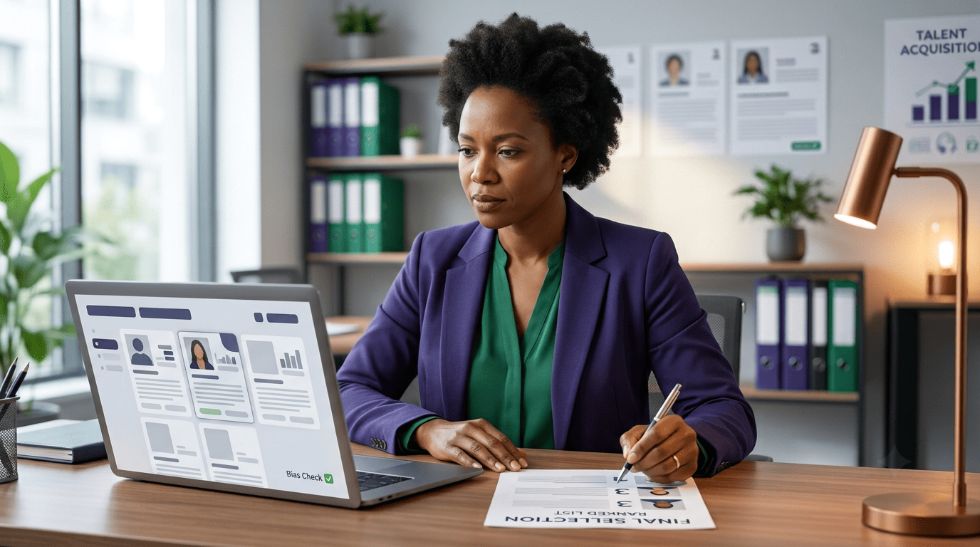 A hiring manager reviewing an AI-generated shortlist and making the final hiring decision with a bias check