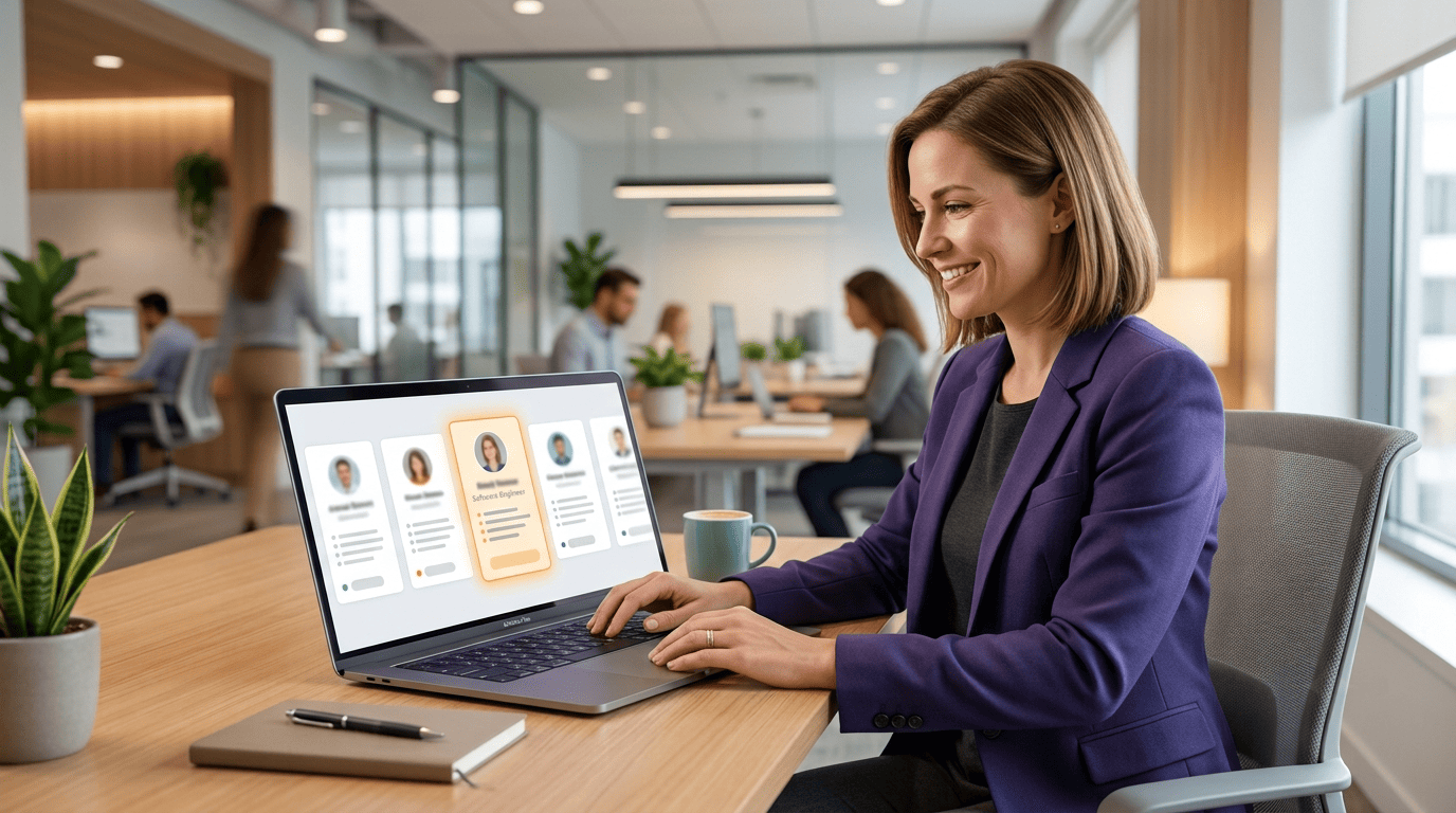 Recruiter reviewing an AI-generated candidate pipeline and outreach draft on a laptop in a modern office