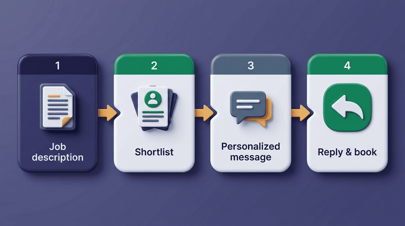Four-step flow diagram: job description, shortlist, personalized message, reply and book