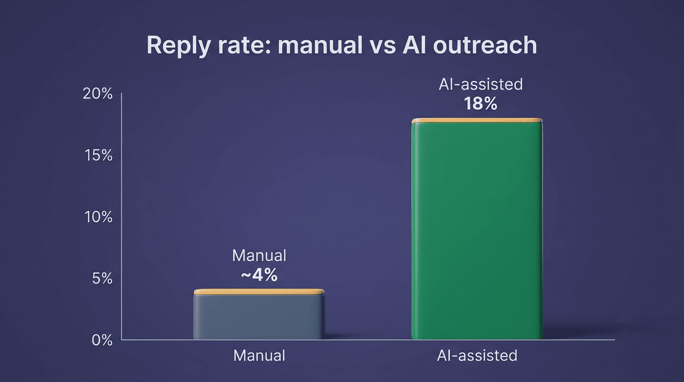 Bar chart comparing manual outreach reply rate near 4 percent with AI-assisted outreach at 18 percent