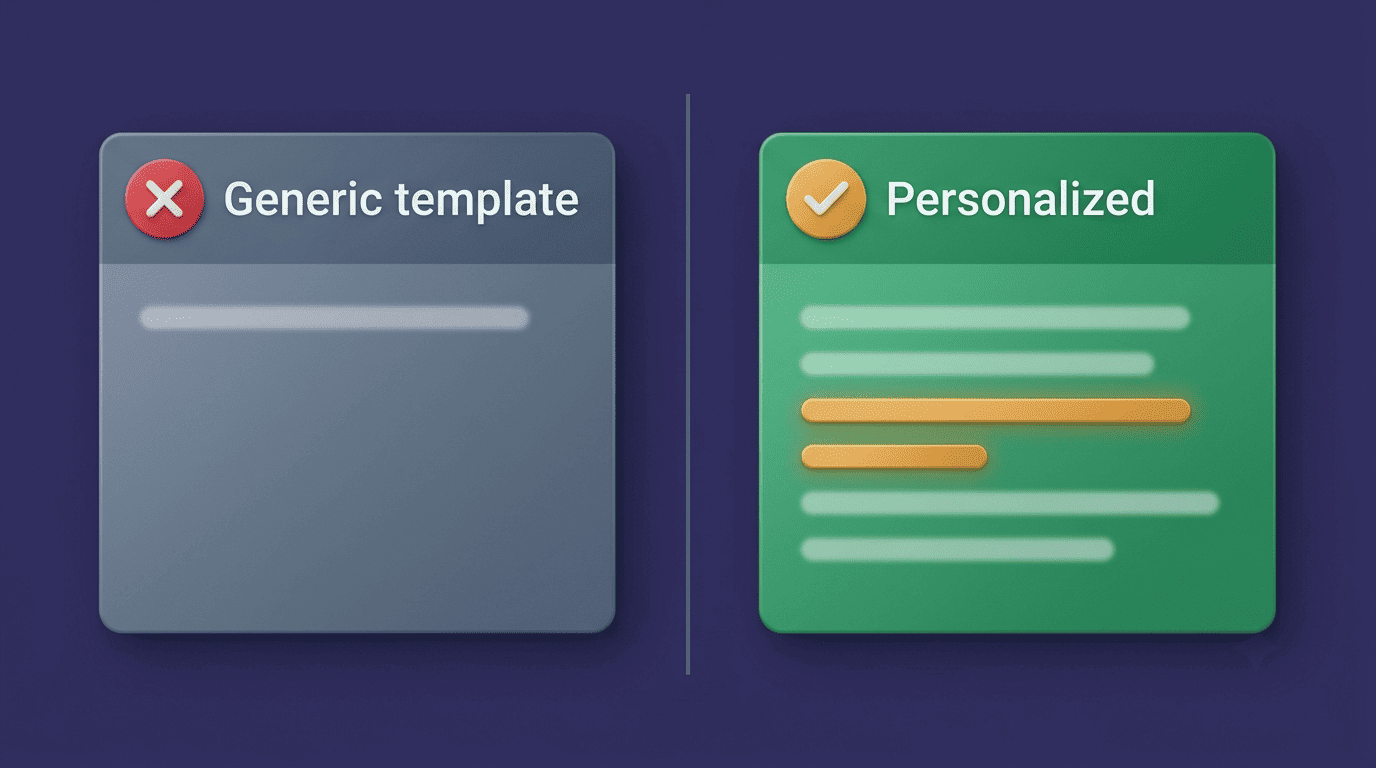 Split-screen comparison of a generic template message versus a personalized message