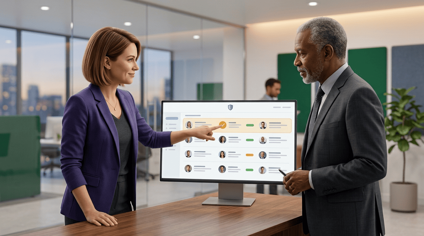 Recruiter and hiring manager reviewing a candidate shortlist together on a monitor with a compliance badge