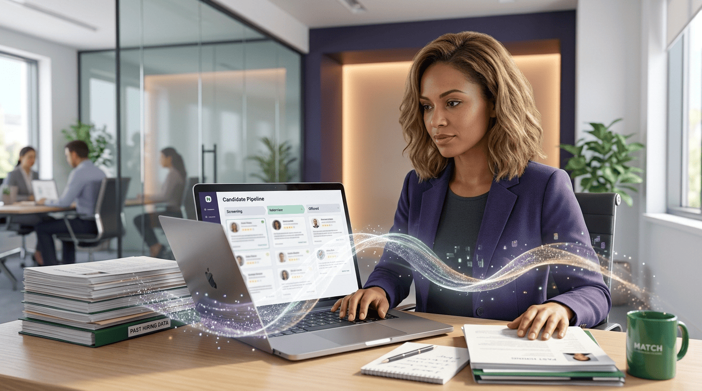 A recruiter reviews an AI candidate pipeline as years of past hiring data flow into the current candidate rankings