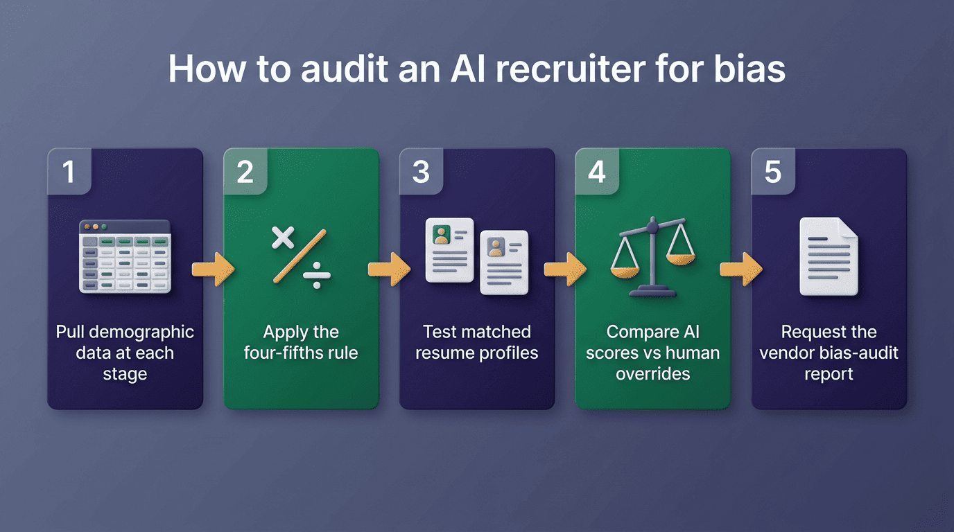 Five-step flow diagram for auditing an AI recruiter for bias, from pulling demographic data to requesting the vendor's bias-audit report