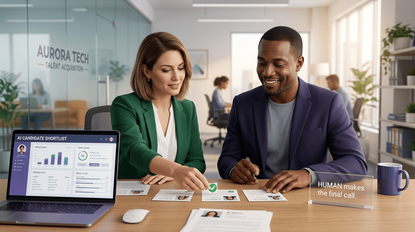 A recruiter and hiring manager review an AI candidate shortlist and place the final approval by hand, beside a sign reading Human makes the final call