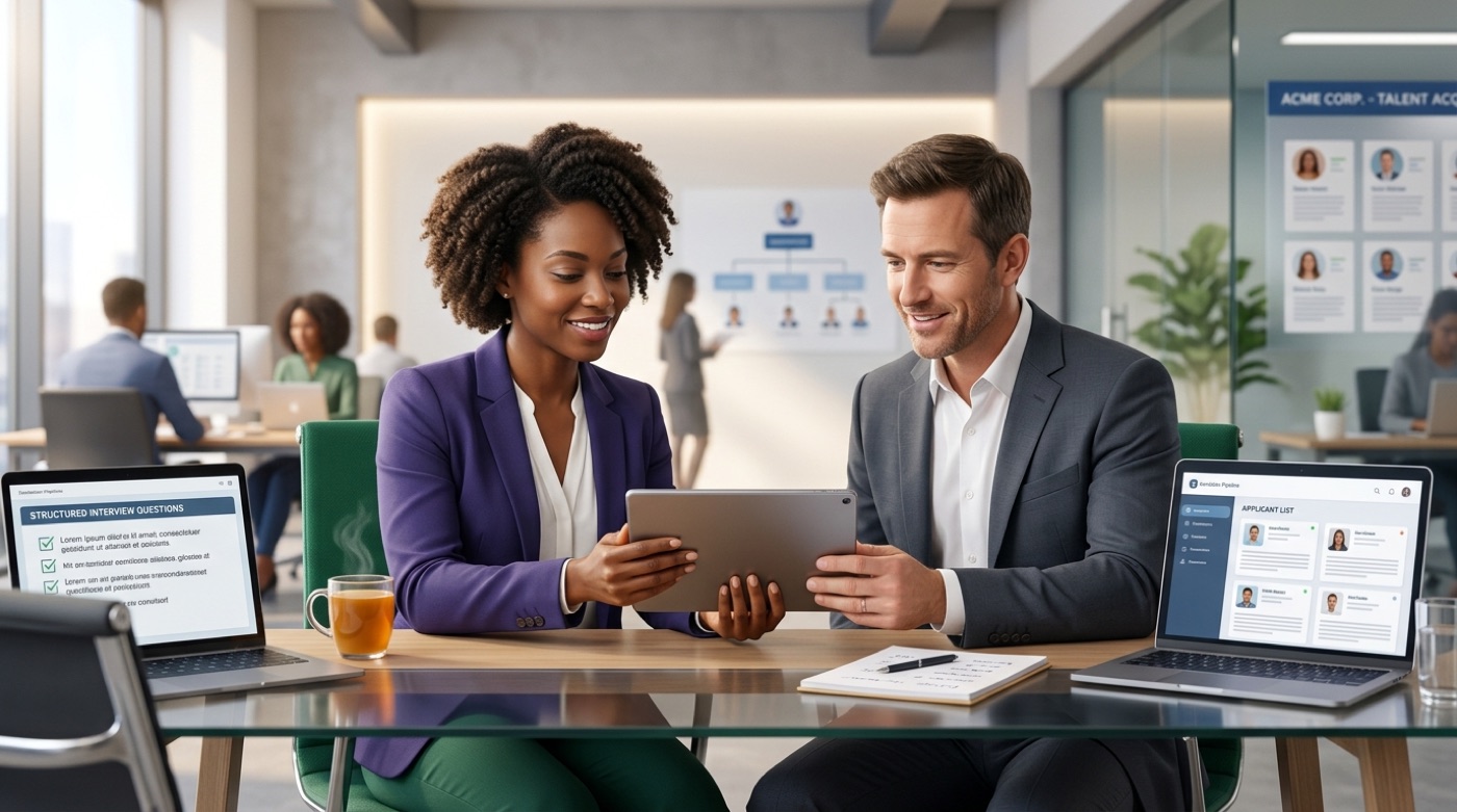 A recruiter and hiring manager reviewing a set of structured interview questions on a tablet