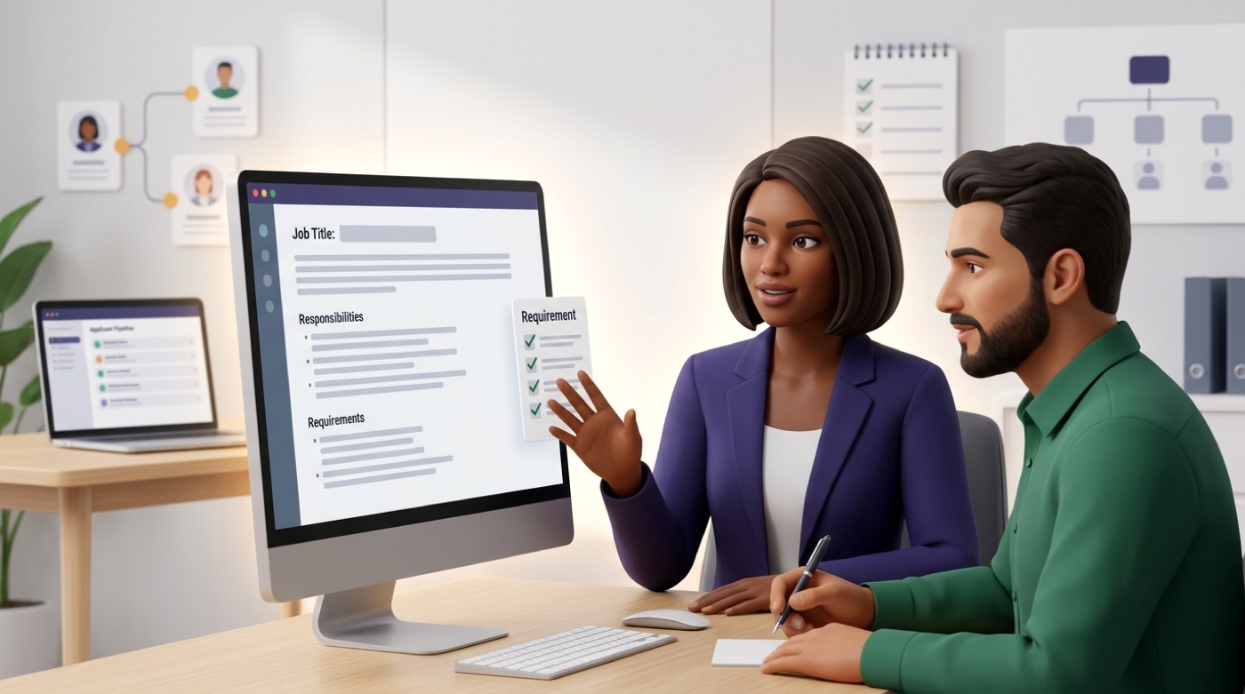 A recruiter and hiring manager reviewing an AI-drafted job description with requirements checklist