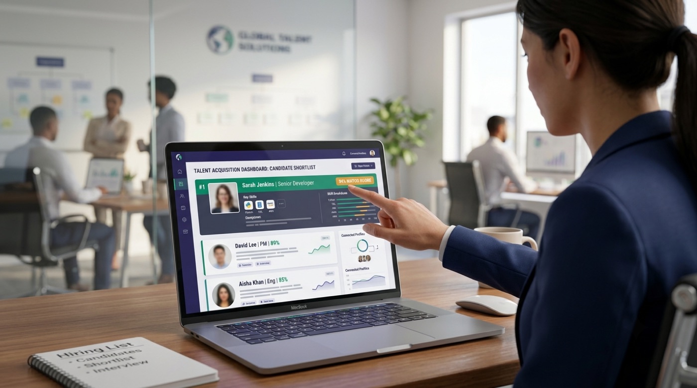 A resume-screening dashboard ranking candidates by match score against a job's requirements