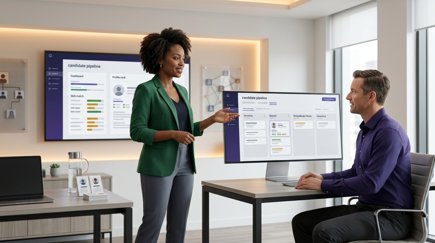 An AI recruiter presenting a candidate pipeline dashboard to a hiring manager, with shortlisted profiles and skill-match bars