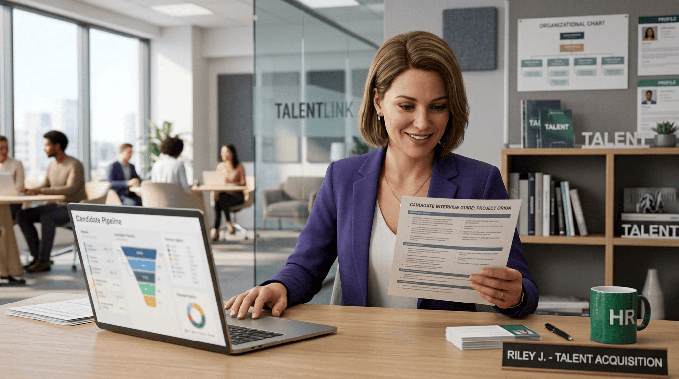 A recruiter reviewing a structured interview guide next to a candidate pipeline on a laptop