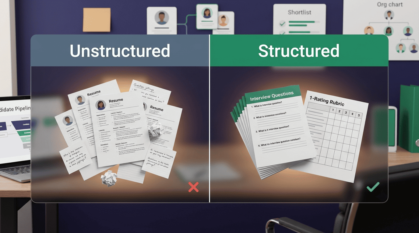 Split comparison of an unstructured pile of resumes versus a structured question set with a rating rubric