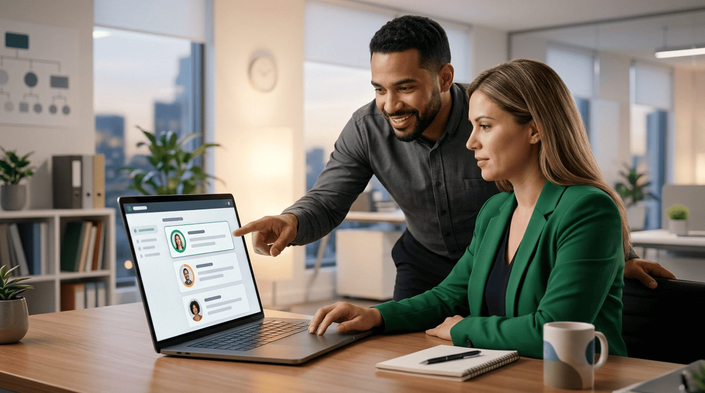 Two recruiters reviewing an AI-generated candidate shortlist on a laptop, with one profile highlighted as the top match