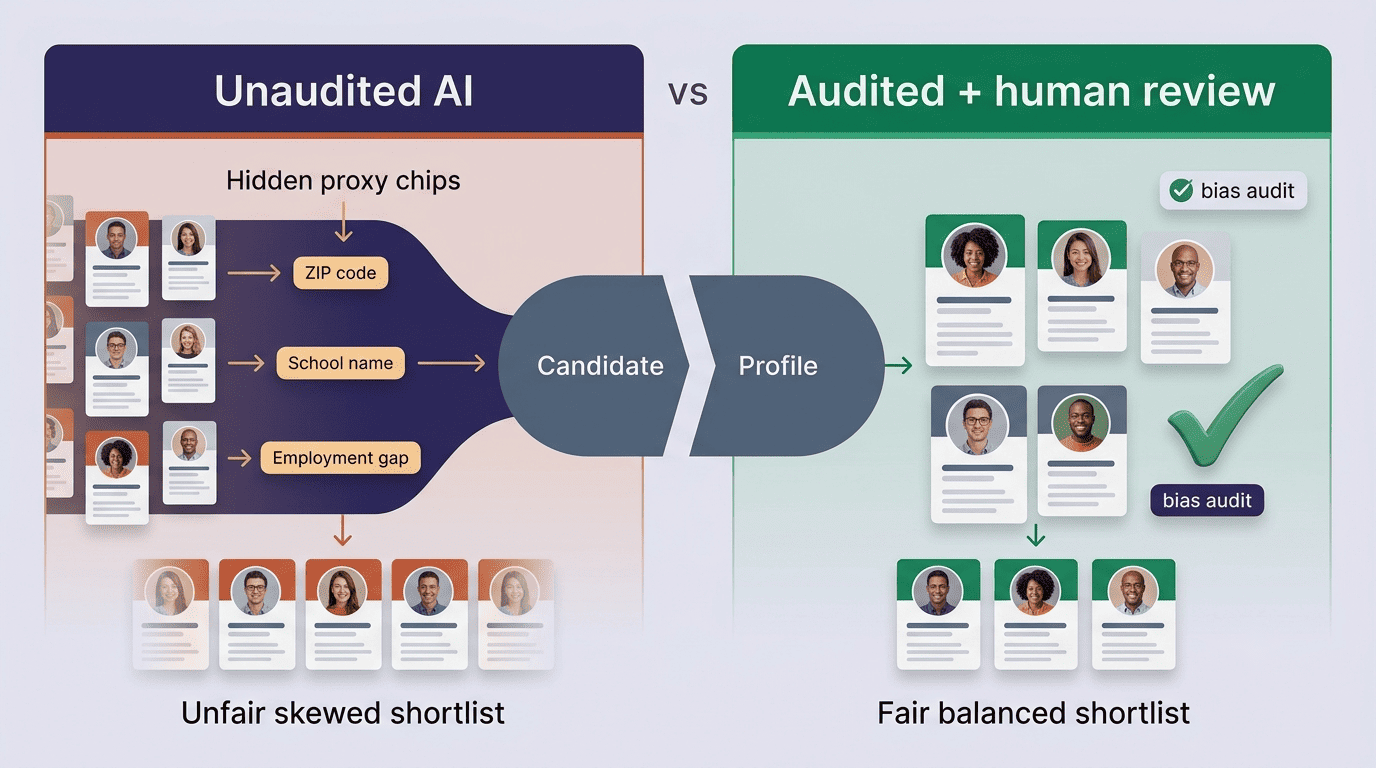 Comparison of unaudited AI using proxy signals like ZIP code and school name versus an audited, human-reviewed process producing a fair, balanced shortlist