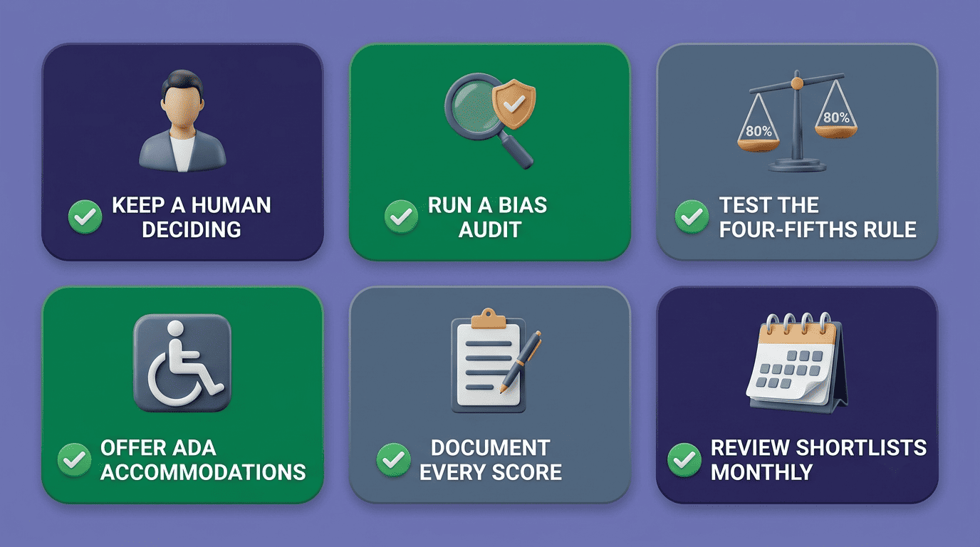 Six-point compliance checklist for AI resume screening: keep a human deciding, run a bias audit, test the four-fifths rule, offer ADA accommodations, document every score, review shortlists monthly