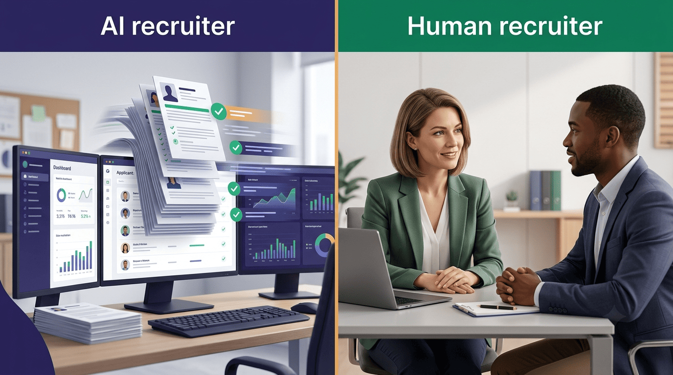 Side-by-side comparison of an AI recruiter screening resumes and a human recruiter interviewing a candidate