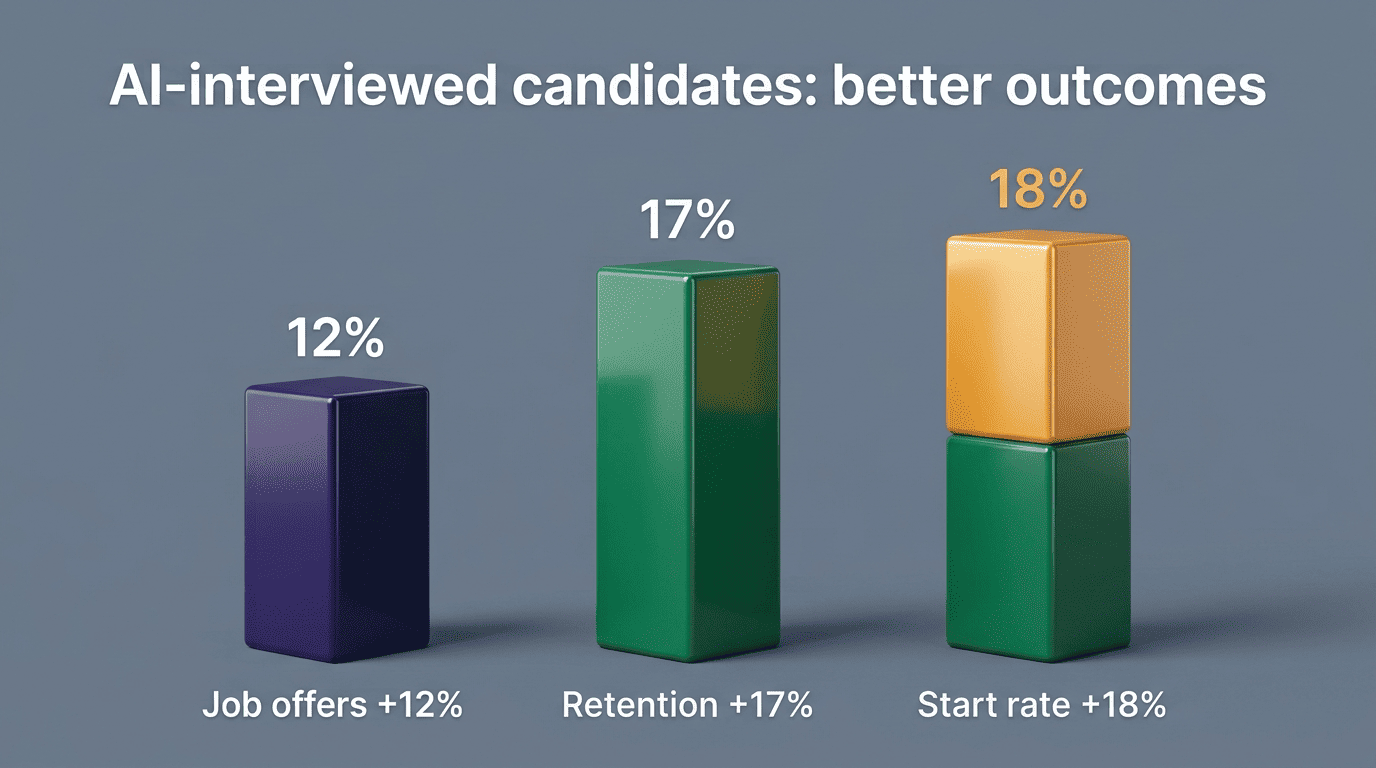Bar chart showing AI-interviewed candidates had 12% more offers, 18% higher start rate, and 17% better 30-day retention