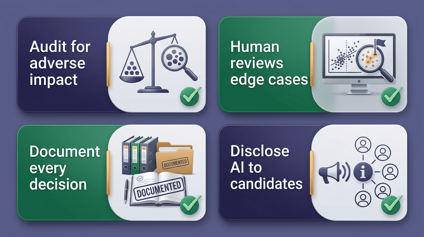 Compliance checklist: audit for adverse impact, human reviews edge cases, document every decision, disclose AI to candidates
