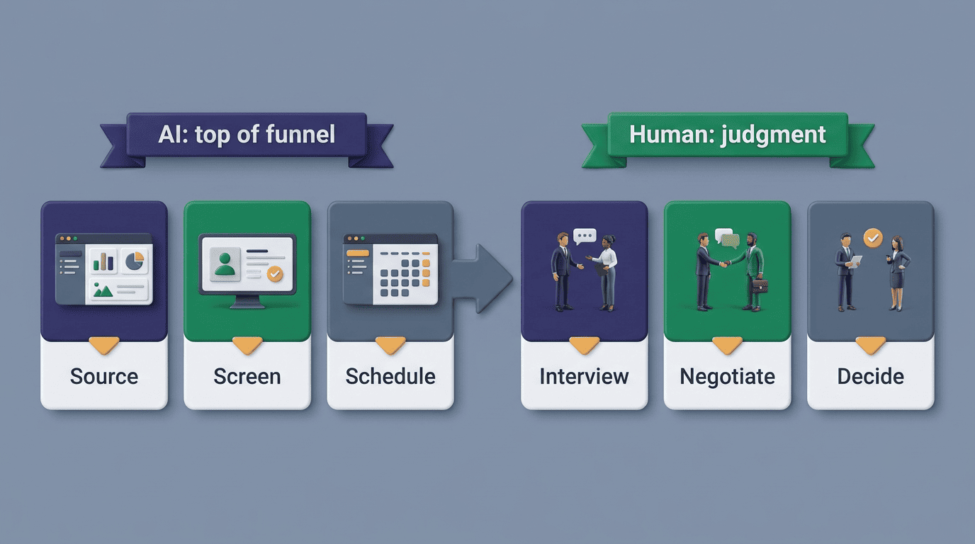 Hybrid hiring workflow: AI handles source, screen, schedule; humans handle interview, negotiate, decide