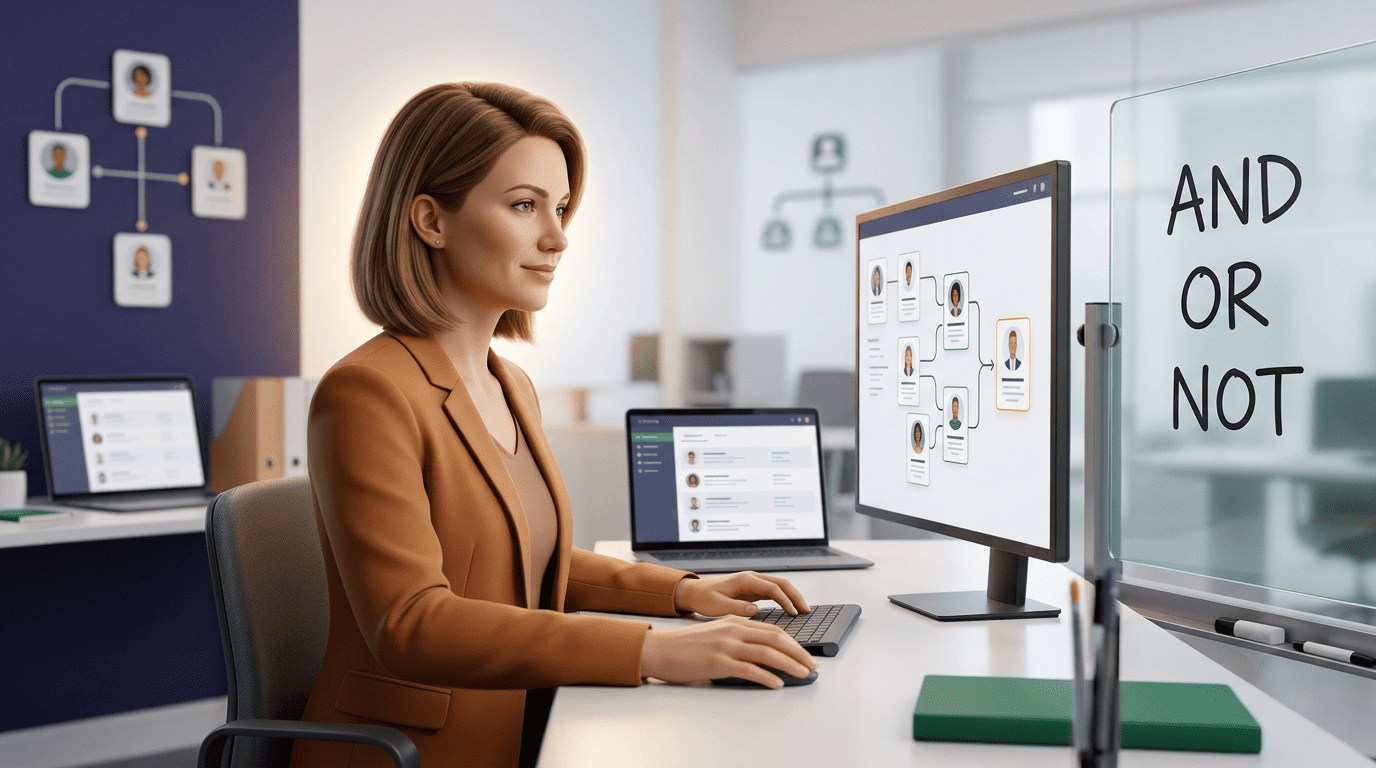 Recruiter reviewing a candidate pipeline while AND, OR, NOT operators anchor the search