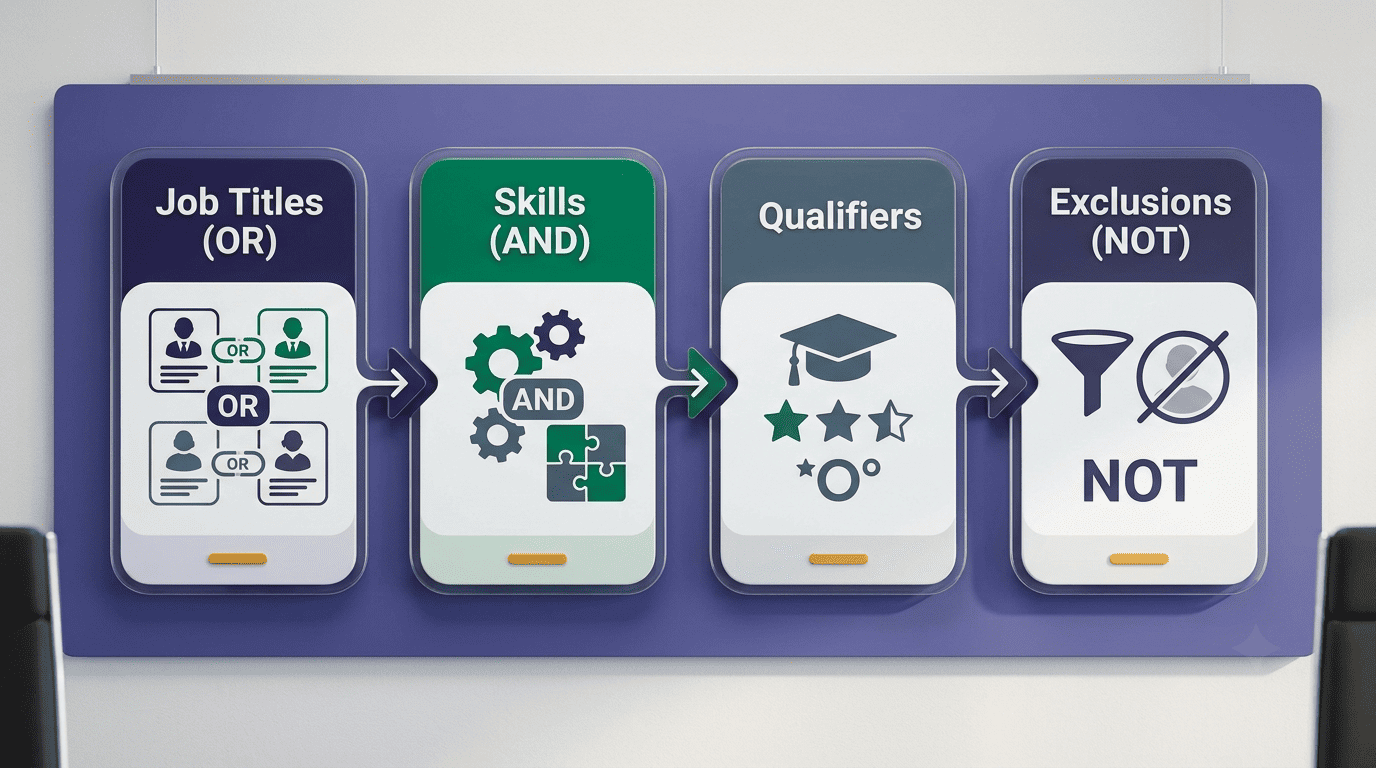 Four-step framework: job titles with OR, skills with AND, qualifiers, exclusions with NOT