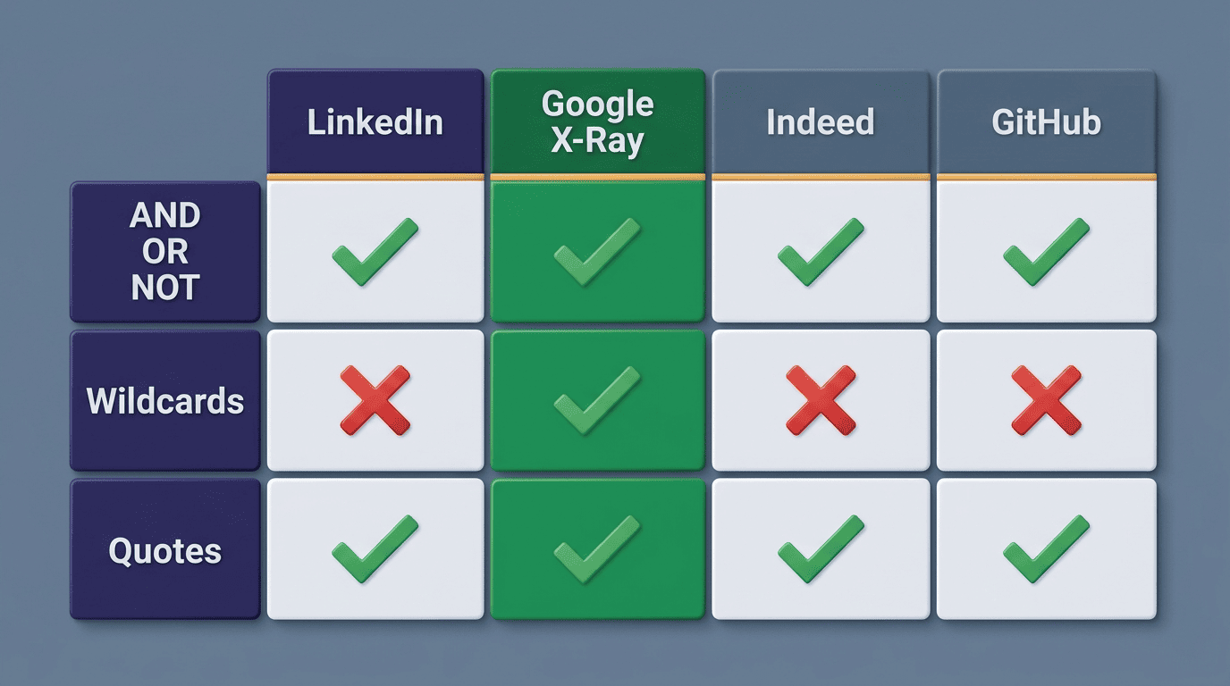 Operator support comparison across LinkedIn, Google X-Ray, Indeed, and GitHub