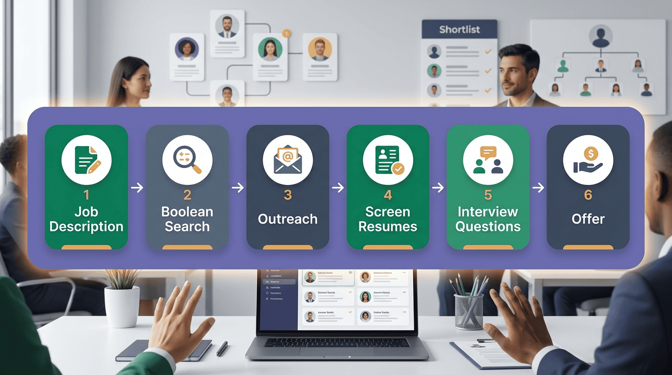 Six-stage AI-assisted recruiting workflow: job description, boolean search, outreach, resume screening, interview questions, offer