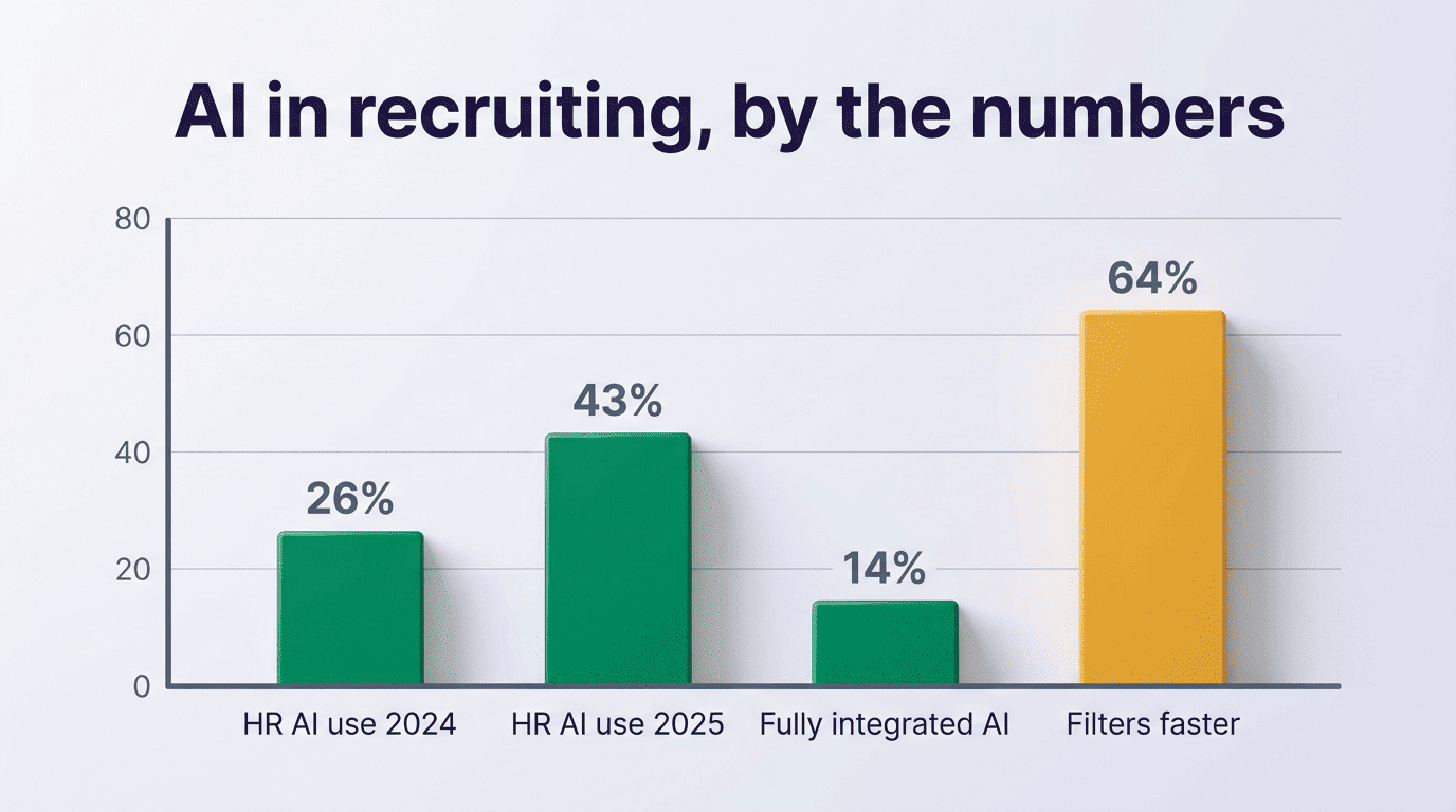Bar chart of AI adoption in recruiting: 26% and 43% HR use, 14% fully integrated, 64% filter faster