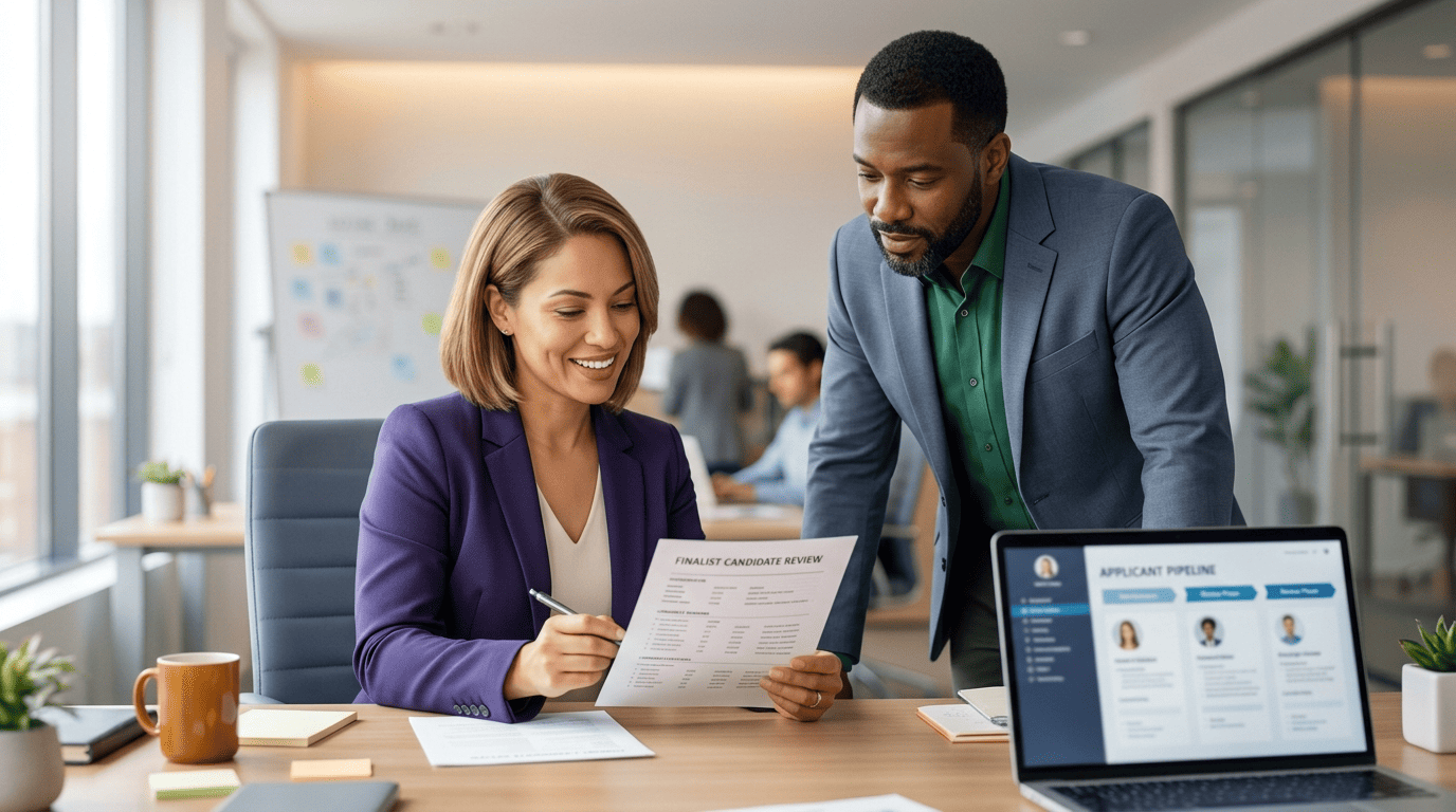 A recruiter and hiring manager reviewing an AI-drafted candidate shortlist before it goes out