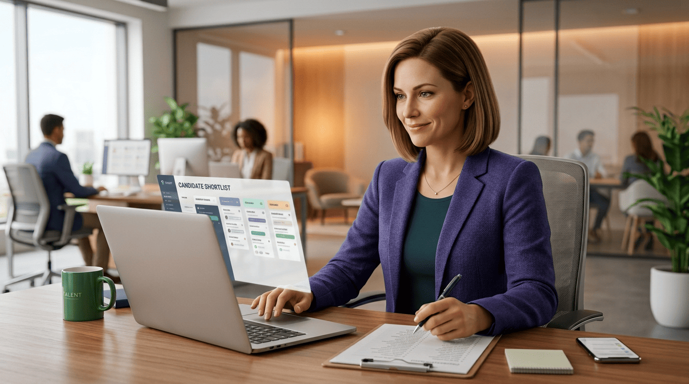 Recruiter reviewing a candidate shortlist on a laptop