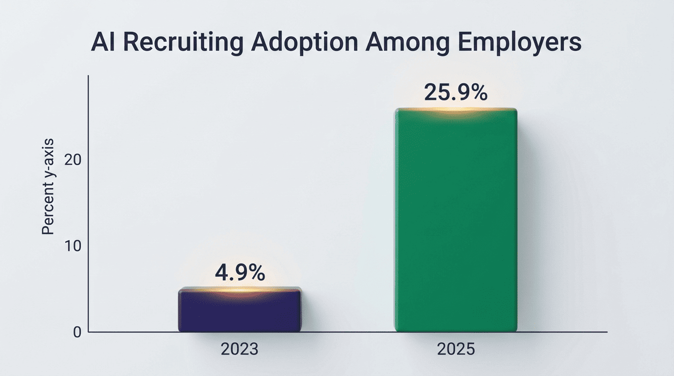 Bar chart of AI recruiting adoption among employers, 2023 vs 2025