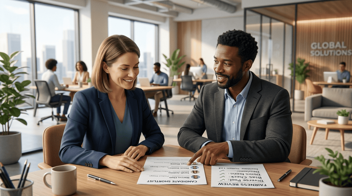 Recruiter and hiring manager reviewing a shortlist and a fairness checklist together